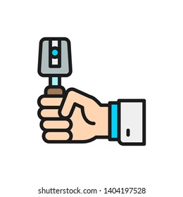 Hand with instrument for eye examination flat color line icon.