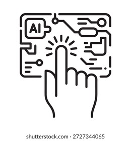 Una mano que interactúa con una interfaz de placa de circuito de inteligencia artificial