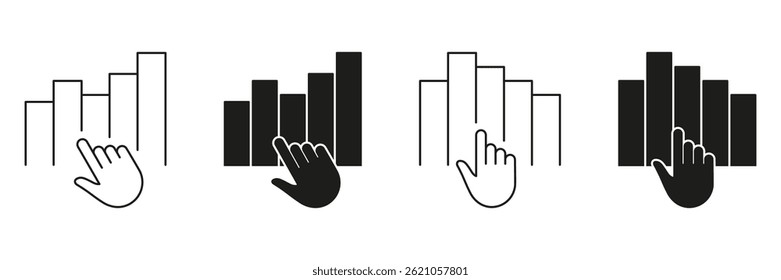 Hand Interacting With Bar Chart Line And Solid Icon Set. Data Analysis, Interactive Graphs, And Business Analytics Symbol Collection. Isolated Vector Illustration.