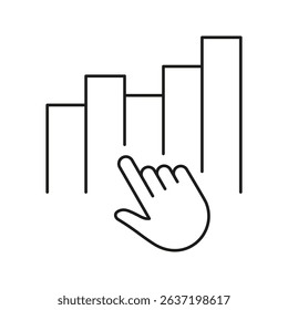 Hand Interacting With Bar Chart Line Icon. Data Analysis, User Engagement, Interactive Analytics Outline Symbol. Business Intelligence. Editable Stroke. Isolated Vector Illustration.