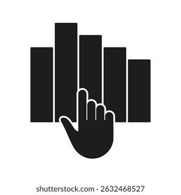 Hand Interacting With Bar Chart Solid Icon. Data Analysis, Interactive Visualization, And Business Analytics Silhouette Symbol. User Engagement In Statistics. Isolated Vector Illustration.