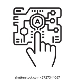 Mano que interactúa con el icono de la placa de circuito en la interfaz digital