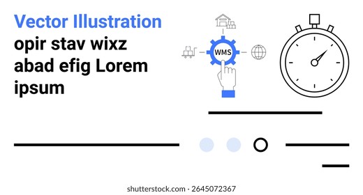 Hand interacting with a gear labeled WMS, a stopwatch, technology icons, and text elements. Ideal for warehouse management, time tracking, logistics, automation, efficiency, and operational planning