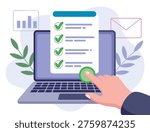 Hand interacting with laptop checklist on screen green checkmarks vector.