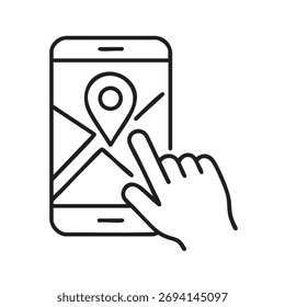 Hand interacting with a map application on a mobile phone screen.