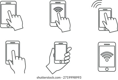 Mão interagindo com ícones de telefone celular
