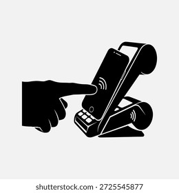 Hand interacting with a smartphone on a wireless charging dock, with a finger pointing at the screen.