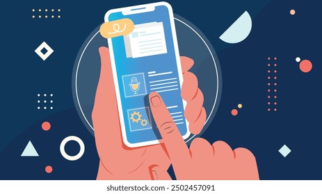 A hand interacting with a smartphone screen displaying digital tools and icons, representing mobile technology and productivity apps.

