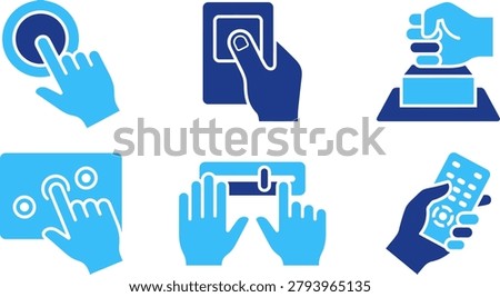 Hand interaction icons showing finger touch screen pressing button swiping remote control and slider on white background.