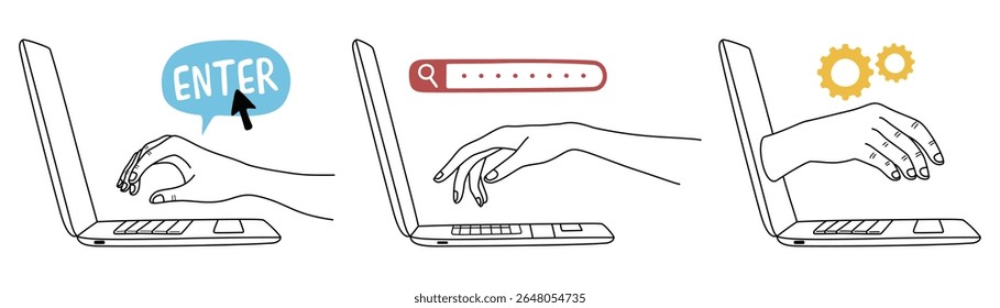 Hand interaction with laptop line illustration  
