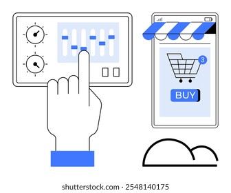 A hand interacts with control sliders next to a smartphone showcasing a shopping cart and buy button. Ideal for online shopping, digital marketing, mobile apps, user experience, cloud computing. Flat