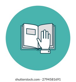 A hand interacts with an open book on a laptop computer screen symbolizing education and technology