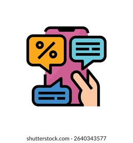 A hand interacts with a smartphone displaying various chat bubbles, one featuring a percentage symbol, suggesting online shopping, deals, or communication ab...