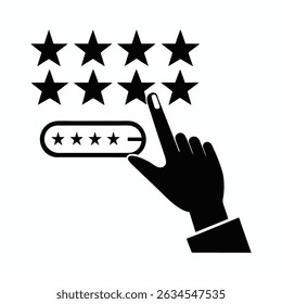 A hand interacts with a star rating system, likely indicating a rating or review process. The design is clean and uses a black and white color scheme, suitable for various applications.