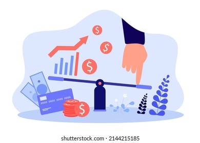 Hand of investor or trader controlling income and expenses. Money next to scales flat vector illustration. Economy, budget planning, banking concept for banner, website design or landing web page