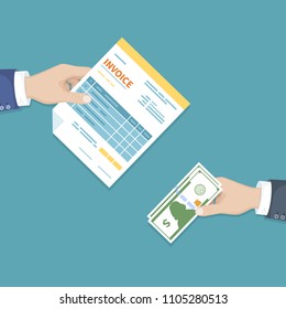 Hand with invoice and cash banknotes. Unfilled, minimalistic form of the document. Payment of bills, tax, invoicing, business or financial operation. Vector illustration.