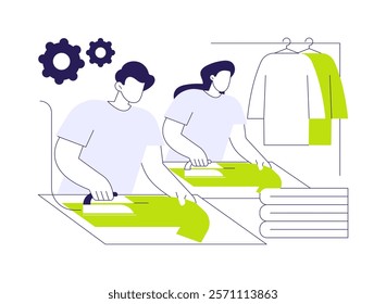 Hand irons abstract concept vector illustration. Workers ironing clothing, garment finishing, light industry, vacuum press table, housekeeping chores, textile and fabrics abstract metaphor.