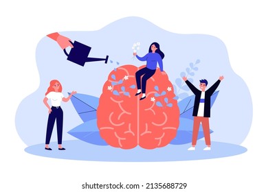 Hand irrigating blooming flowers on human brain. Healing therapy and care from tiny people flat vector illustration. Positive mind, mental health concept for banner, website design or landing web page