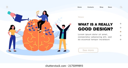 Hand irrigating blooming flowers on human brain. Healing therapy and care from tiny people flat vector illustration. Positive mind, mental health concept for banner, website design or landing web page