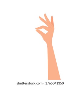 Hand is isolated on a white background. Gesture pinching, hold, two fingers close. Vector illustration, flat cartoon design, eps 10.