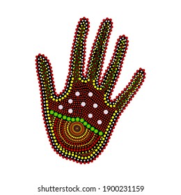 Hand isolated on white background. Australia aboriginal arm dot art painting. Aboriginal tribal styled palm. Decorative ethnic style. For flyer, poster, banner, placard, brochure. Vector illustration