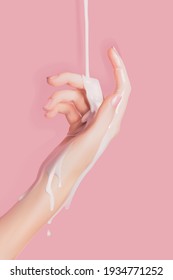 hand isolated with splash of white liquid 3d realistic vector illustration.Manicure mockup. Soap, shampoo, shower gel, milky lotion on hand, Skin Spa care. Cosmetic poster 3d hands. Pink women gloss