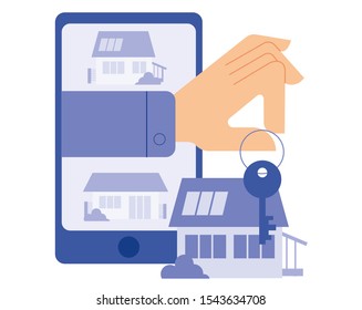 Problemas de mão das teclas do smartphone para a casa. Desenho sobre o tema de alugar ou comprar uma casa on-line.