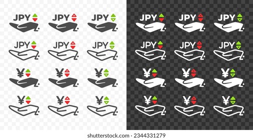 Hand and Japanese yen, JPY with up and down arrow currency exchange rate vector desgin. Foreign currencies and exchange rates value graphic design. Currency trade chart