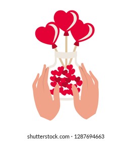 hand with jar and hearts isolated icon