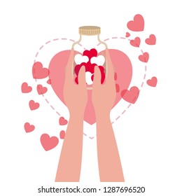hand with jar and hearts isolated icon