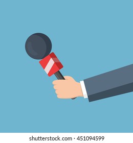 Hand of journalist with microphone. Interview live tv news. Simple, flat style. Graphic vector illustration.
