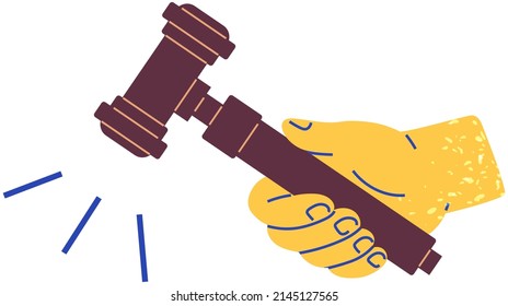 Hand of judge holding wooden gavel isolated on white background. Wood hammer of chairman, court brown mallet. Judgment and justice symbol in human hand. Judge hits with hammer to announce verdict