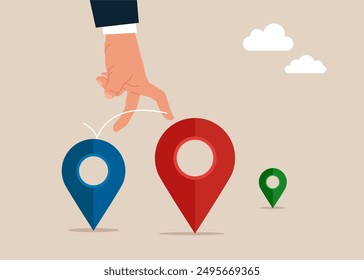 Hand jumping from map navigation pin to new one metaphor of relocation. Business relocation, move office to new address or transfer to new location concept. Flat vector illustration