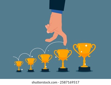 Hand jumping from small win trophy to get bigger one. Achieve bigger goal, strategy or inspiration to success. Vector illustration in flat style