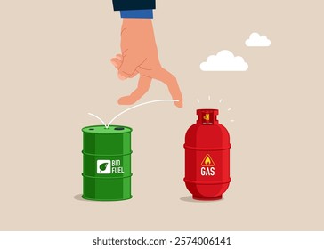 Hand jumps from barrel of biofuel to gas cylinder. Use of gas instead of biofuel. Flat vector illustration. 