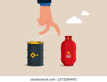 Hand jumps from barrel of gasoline to gas cylinder. Use of gas instead of oil. Flat vector illustration. 