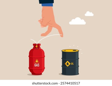 Hand jumps from gas cylinder to barrel of gasoline. Use of oil instead of gas. Flat vector illustration. 