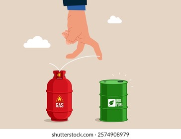 Hand jumps from gas cylinder to barrel of biofuel. Use of biofuel instead of gas. Flat vector illustration. 