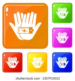 Hand keep battery icons set collection vector 6 color isolated on white background