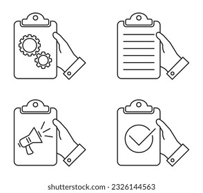 Hand keep clipboard with check mark, loudspeaker; gears mechnism outline icon