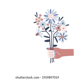 Hand keep daisy floral bouquet vector illustration. Scandinavian folksy flower bunch in arm clip art isolated on white. Decorative graphics