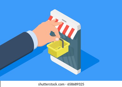 Hand keep shop basket over smartphone with shop visor, online shopping, concept of ecommerce isometric flat vector illustration