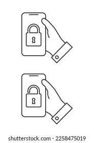 Hand keep smartphone with open and closed padlock - security icon