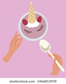 Hand keep spoon and bowl with smoothie with unicorn ice cream strawberry ears flat style