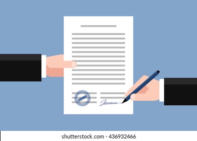 Hand keeping an agreement and hand keeping a pen. Stage of signing an agreement. Business partnership concept