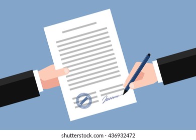 Hand keeping an agreement and hand keeping a pen. Stage of signing an agreement. Business partnership concept