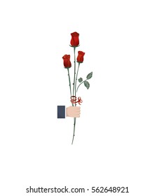 hand is keeping the bouquet of three red roses. long rose in bouquet. beautiful flower. bouquet on holidays and romantic date. red rose icon. logo for decoration and elegance decor border
