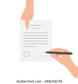 Hand keeping an document, and another hand keeping pen. Signing an agreement. Offer signing contract. Business partnership concept. Vector illustration