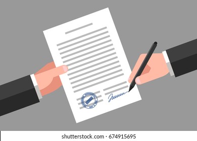 Hand keeping an document, and another hand keeping a pen. Signing an agreement. Business partnership concept