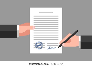 Hand keeping an document, and another hand keeping a pen. Signing an agreement. Business partnership concept